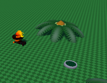 My Bopi (Orange skin, flaming hat with cat ears) dying and respawning at a green spawn point block with a dark green palm tree block clipped into the floor to appear as a different type of plant nearby.