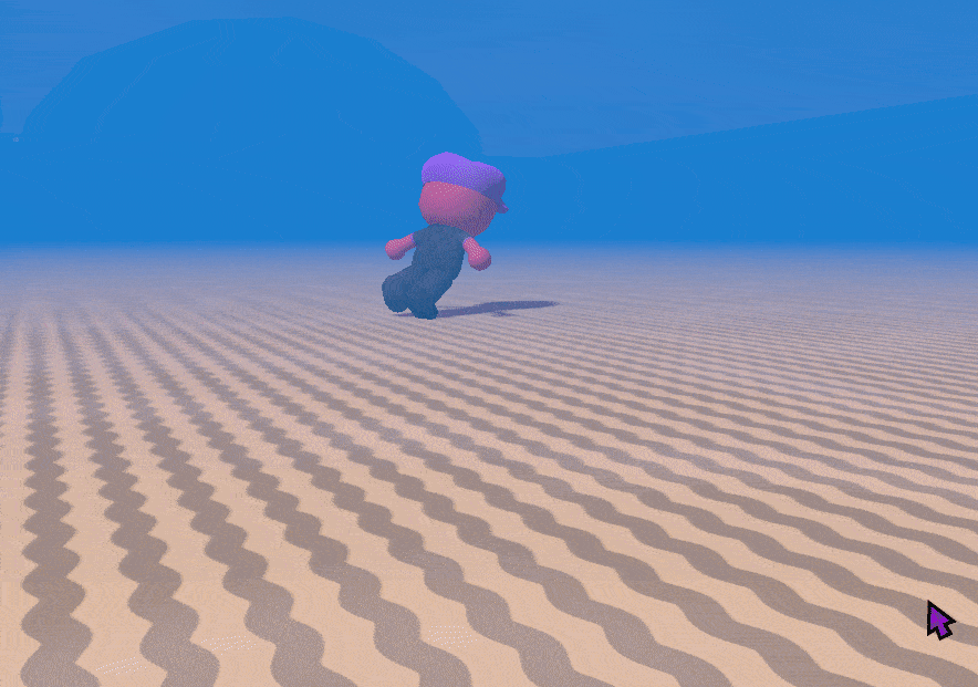 A Bopi with pink skin and purple Super Bopi Cap swimming around in water, performing a boost.